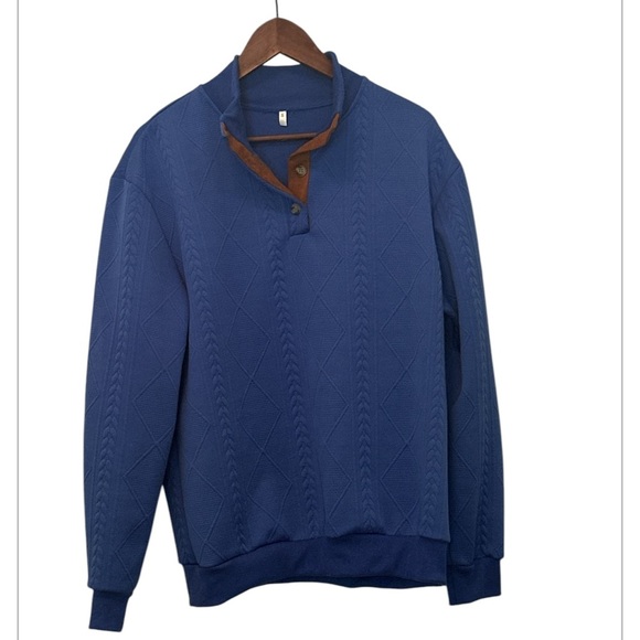 Men's Casual Sweatshirt w Elbow Patches, Button-Up Collar, Royal Blue, Small - Picture 1 of 7